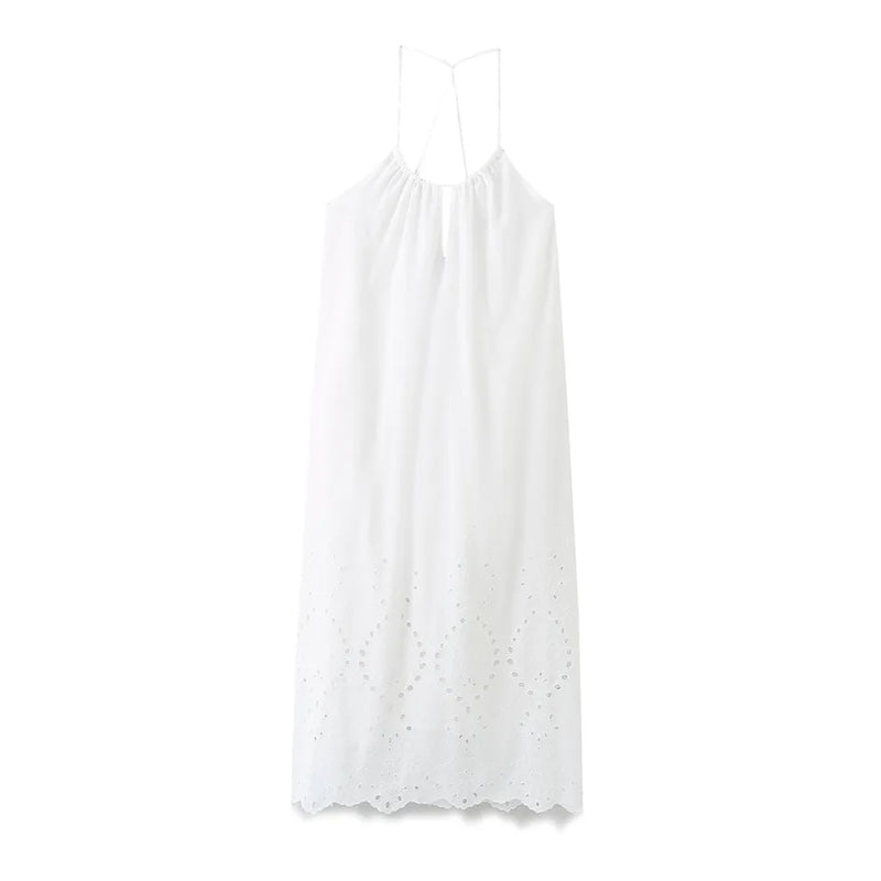 Leoria White Eyelet Halter Self Tie Strap Sexy Back Midi Dress