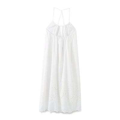 Leoria White Eyelet Halter Self Tie Strap Sexy Back Midi Dress