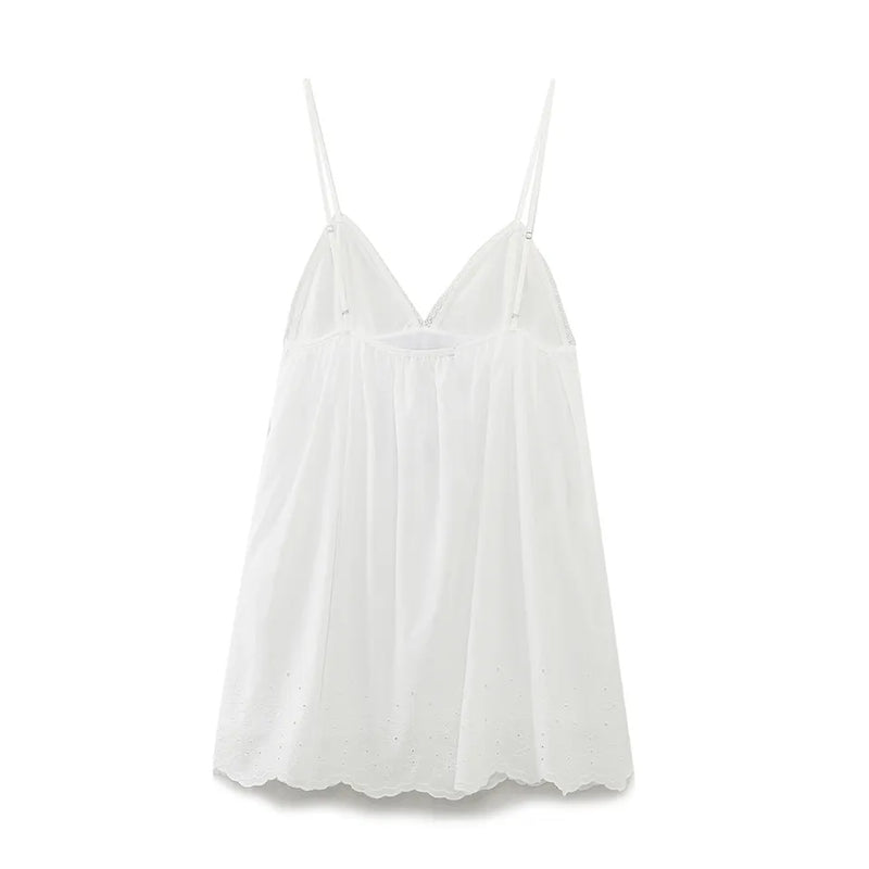 Lindee White Eyelet V Neckline Spaghetti Strap Mini Dress