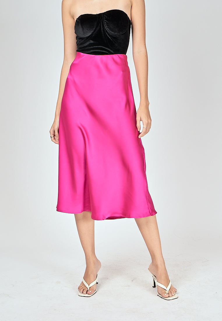 (PRE-ORDER: ETA August 5,2024)Kyler Fuchsia Pink Silk A-Line Midi Skirt