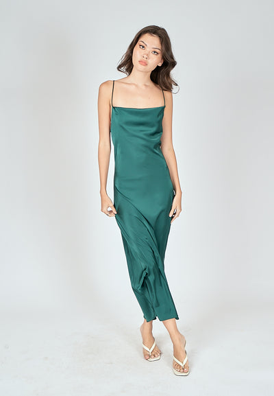 Andra Green Silk Cowl Neck Sleeveless Crisscross Back Midi Dress