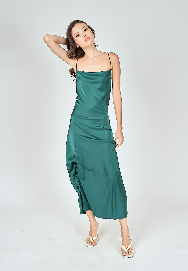 Andra Green Silk Cowl Neck Sleeveless Crisscross Back Midi Dress