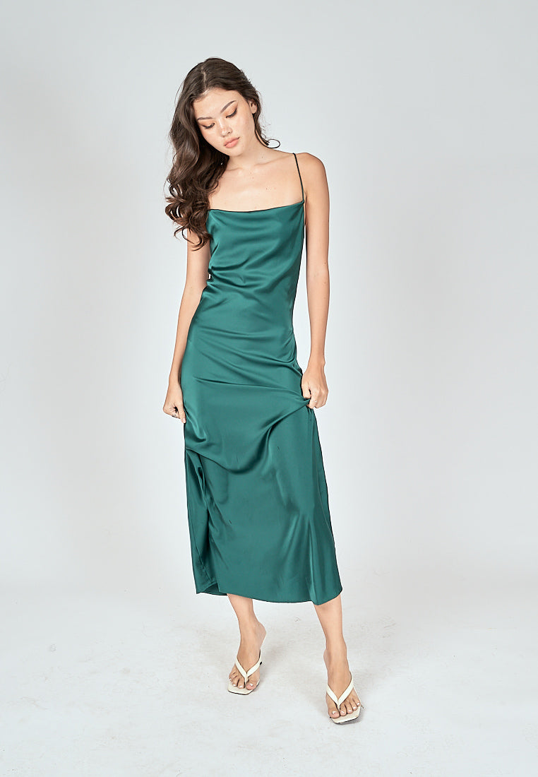 Andra Green Silk Cowl Neck Sleeveless Crisscross Back Midi Dress