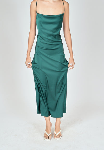 Andra Green Silk Cowl Neck Sleeveless Crisscross Back Midi Dress