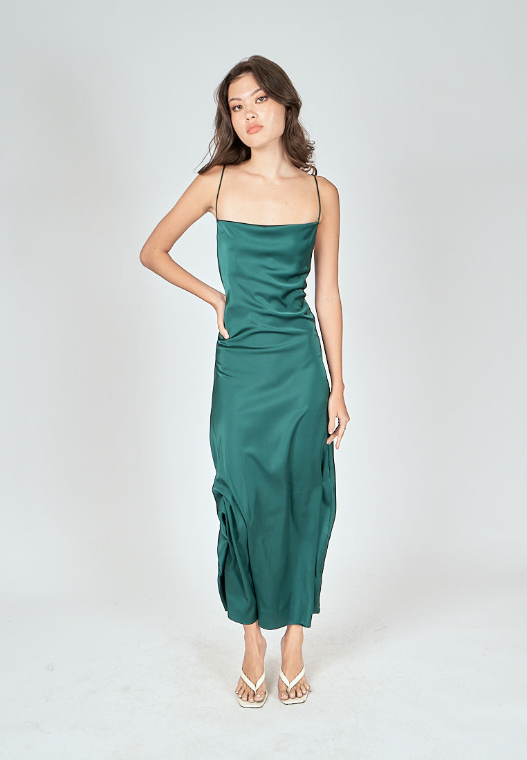 Andra Green Silk Cowl Neck Sleeveless Crisscross Back Midi Dress