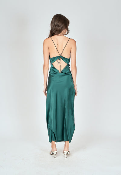 Andra Green Silk Cowl Neck Sleeveless Crisscross Back Midi Dress