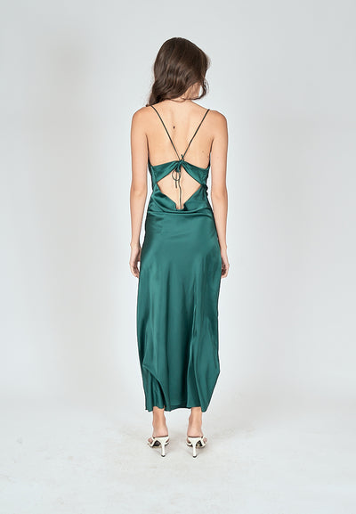 Andra Green Silk Cowl Neck Sleeveless Crisscross Back Midi Dress