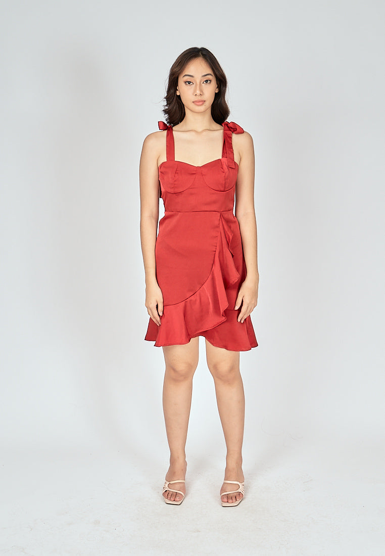 Danni Red Sleeveless Self Tie Strap Asymmetric Ruffle Hem Mini Dress