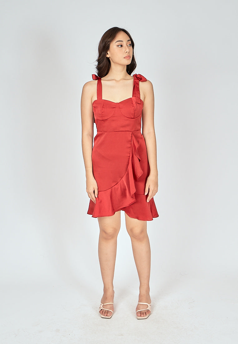 Danni Red Sleeveless Self Tie Strap Asymmetric Ruffle Hem Mini Dress