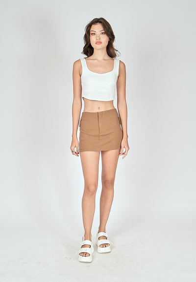 Renzel Brown Zipper Fly Sexy Mini Skirt with Belt