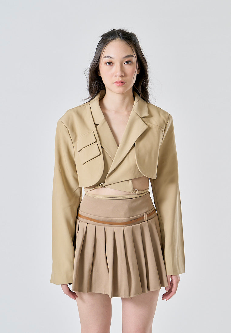 Adam Khaki Notched Collar Long Sleeves Cropped Blazer Top with Waist Tie