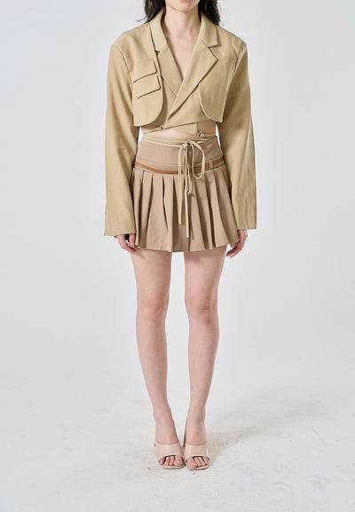 Adam Khaki Notched Collar Long Sleeves Cropped Blazer Top with Waist Tie