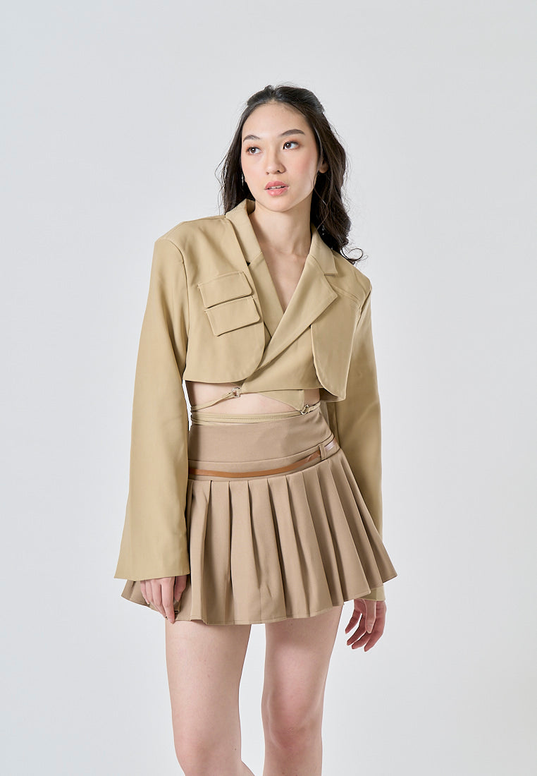 Adam Khaki Notched Collar Long Sleeves Cropped Blazer Top with Waist Tie