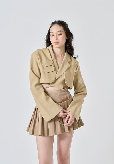 Adam Khaki Notched Collar Long Sleeves Cropped Blazer Top with Waist Tie