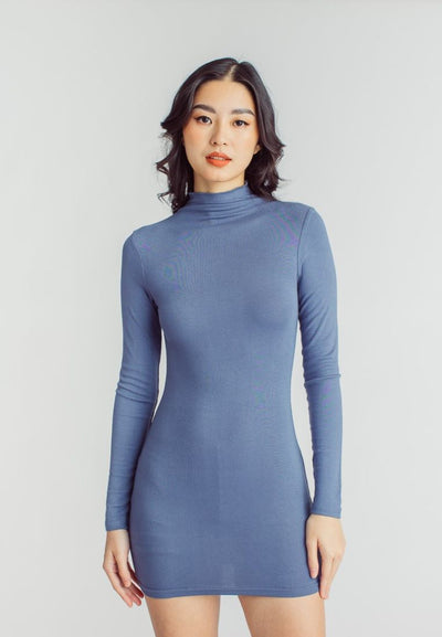 Kaine Blue Turtle Neck Long Sleeves Bodycon Mini Dress