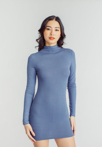 Kaine Blue Turtle Neck Long Sleeves Bodycon Mini Dress