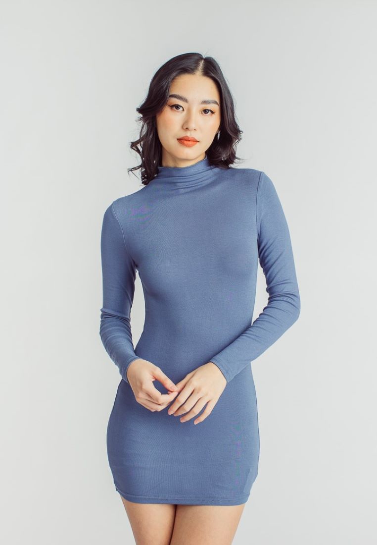 Kaine Blue Turtle Neck Long Sleeves Bodycon Mini Dress