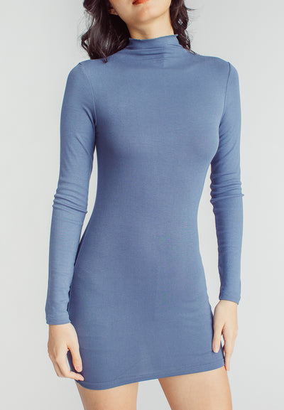 Kaine Blue Turtle Neck Long Sleeves Bodycon Mini Dress