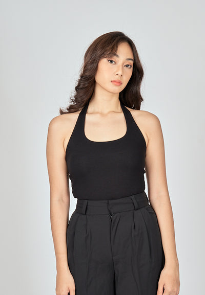 Carla Black Knitted Scoop Neck Halter Sleeveless Bodysuit