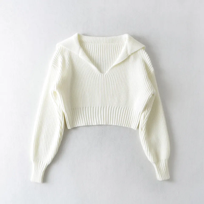 Charlie White Knitted V Neck Collar Long Sleeves Sweater Top