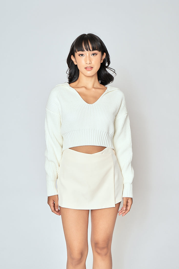 Charlie White Knitted V Neck Collar Long Sleeves Sweater Top