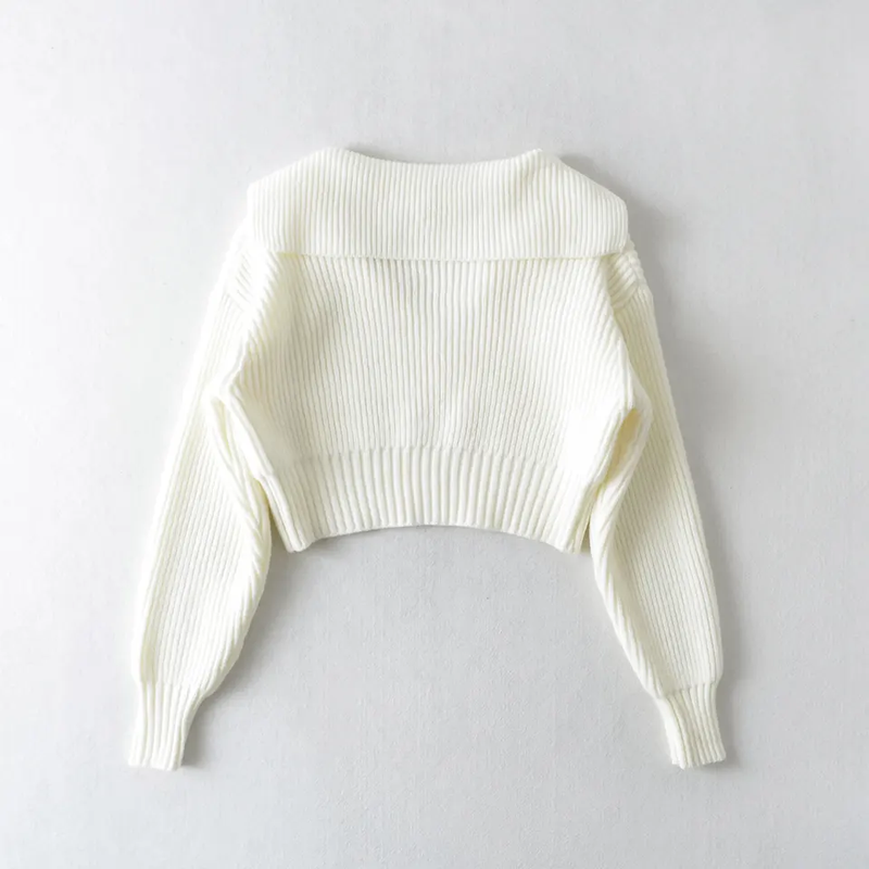 Charlie White Knitted V Neck Collar Long Sleeves Sweater Top