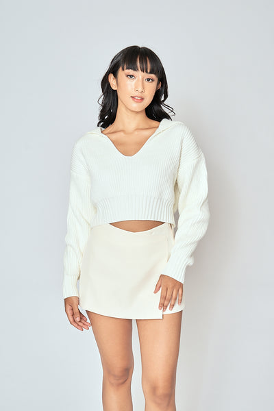 Charlie White Knitted V Neck Collar Long Sleeves Sweater Top