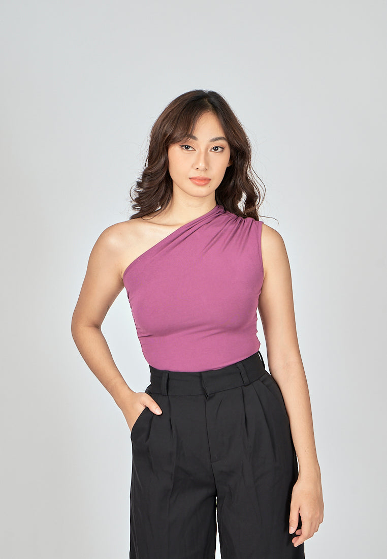 Henn Purple Asymmetric Neckline Ruch Sides Sleeveless Top