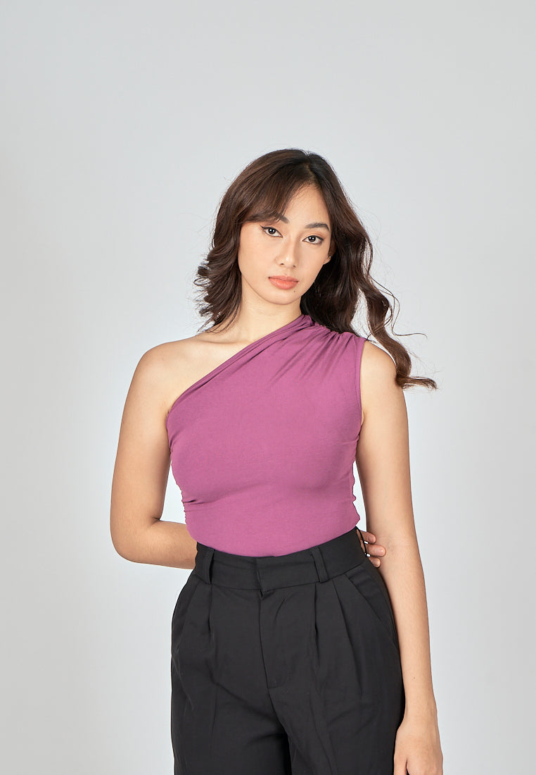 Henn Purple Asymmetric Neckline Ruch Sides Sleeveless Top