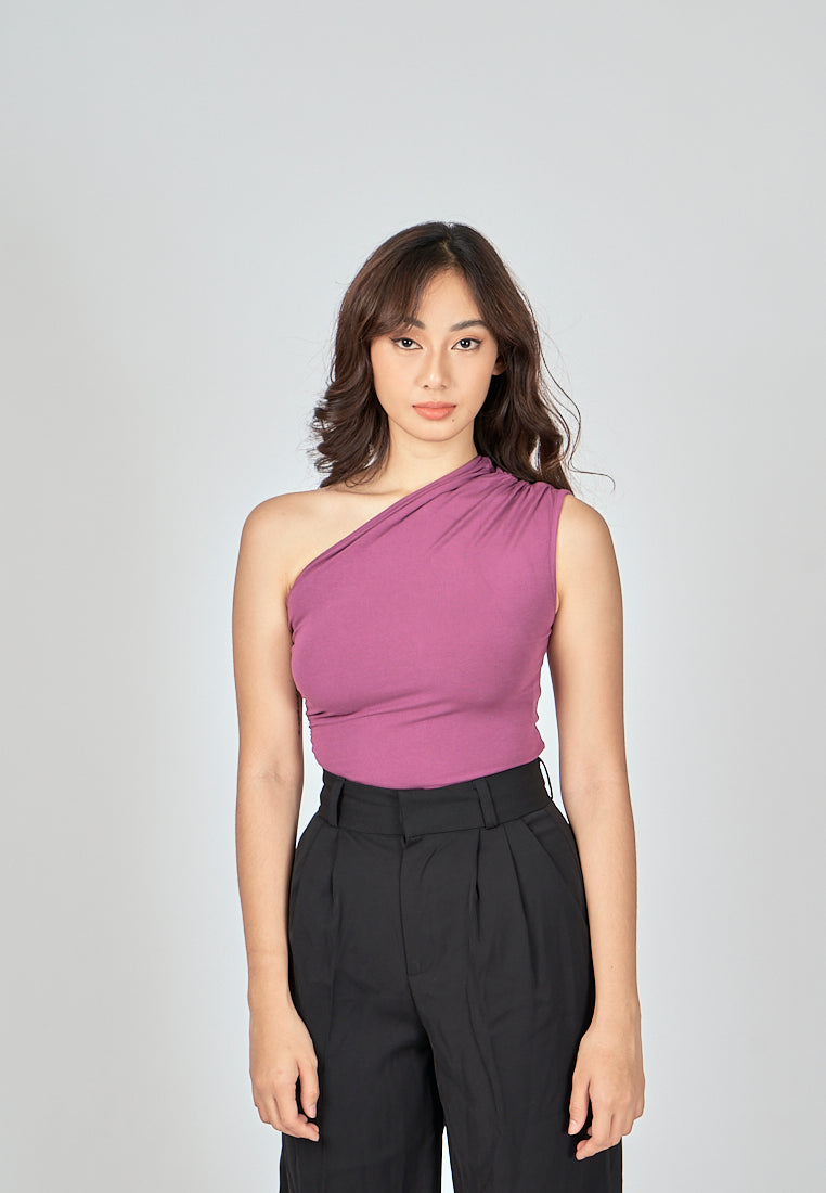 Henn Purple Asymmetric Neckline Ruch Sides Sleeveless Top