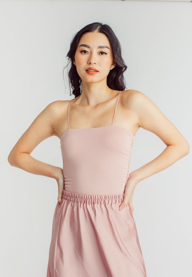 Tyrille Pink Thin Strap Ruch Sides Basic Cami Top