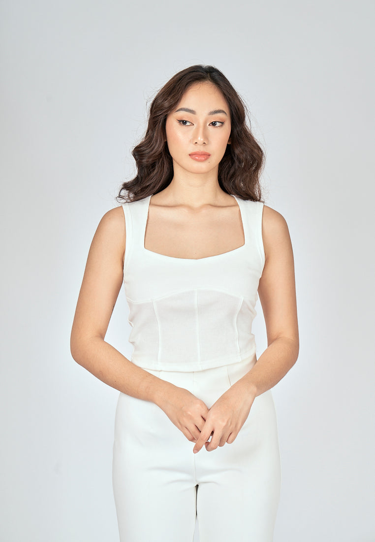 Loona White Knitted Square Neck Lined Sleeveless Top