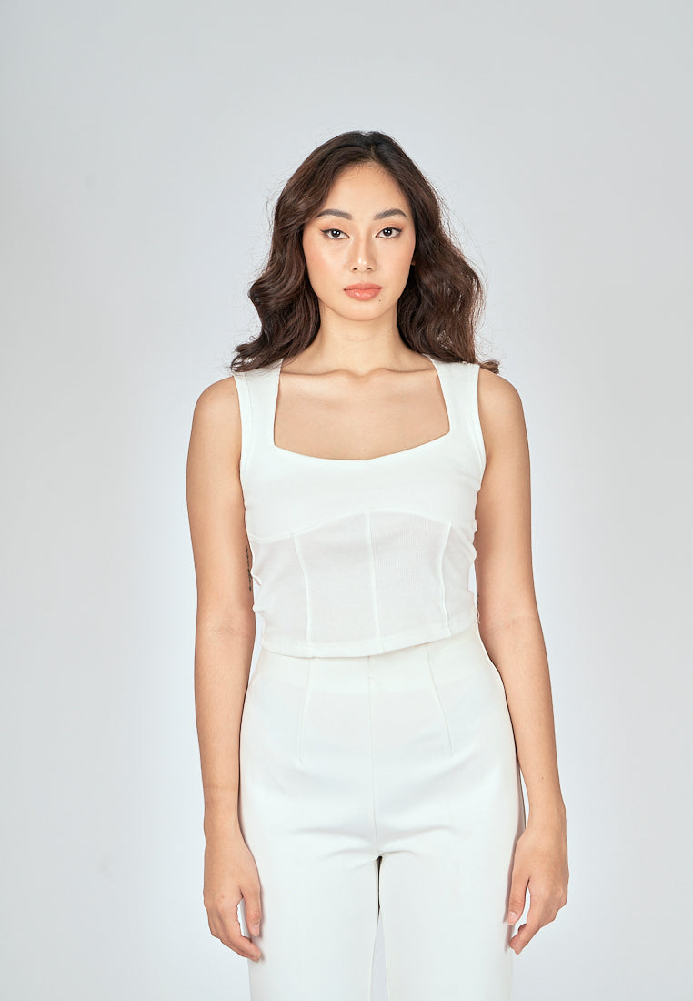 Loona White Knitted Square Neck Lined Sleeveless Top