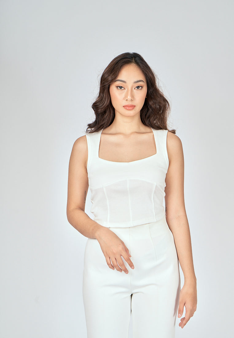 Loona White Knitted Square Neck Lined Sleeveless Top