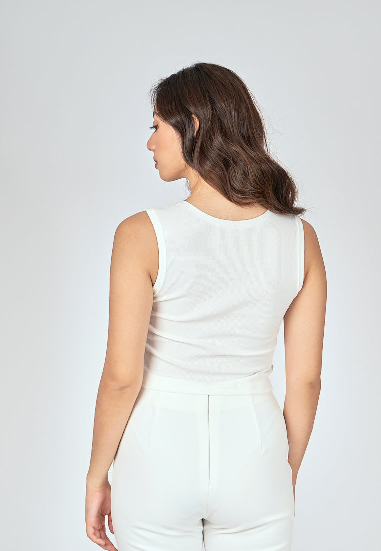 Loona White Knitted Square Neck Lined Sleeveless Top