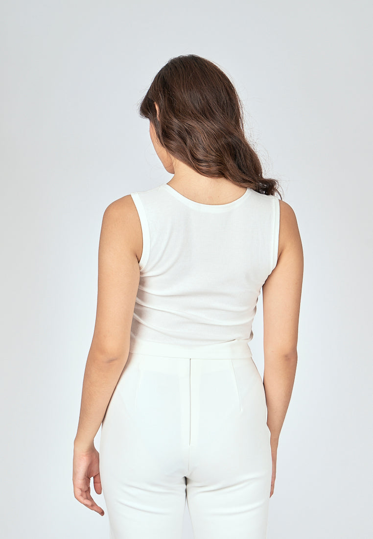 Loona White Knitted Square Neck Lined Sleeveless Top