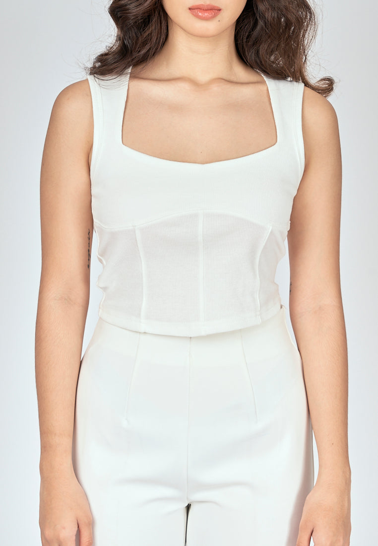 Loona White Knitted Square Neck Lined Sleeveless Top