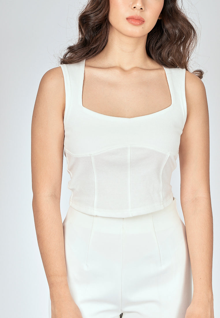 Loona White Knitted Square Neck Lined Sleeveless Top