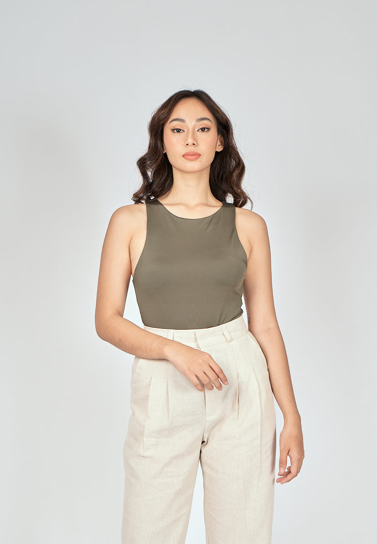 Barba Army Green Round Neck Sleeveless Bodysuit