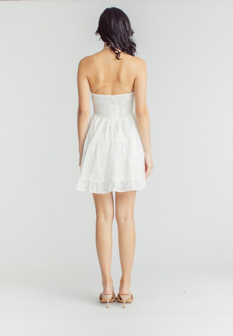 Caroline White Floral Embossed Smocked Back Tiered Tube Mini Dress