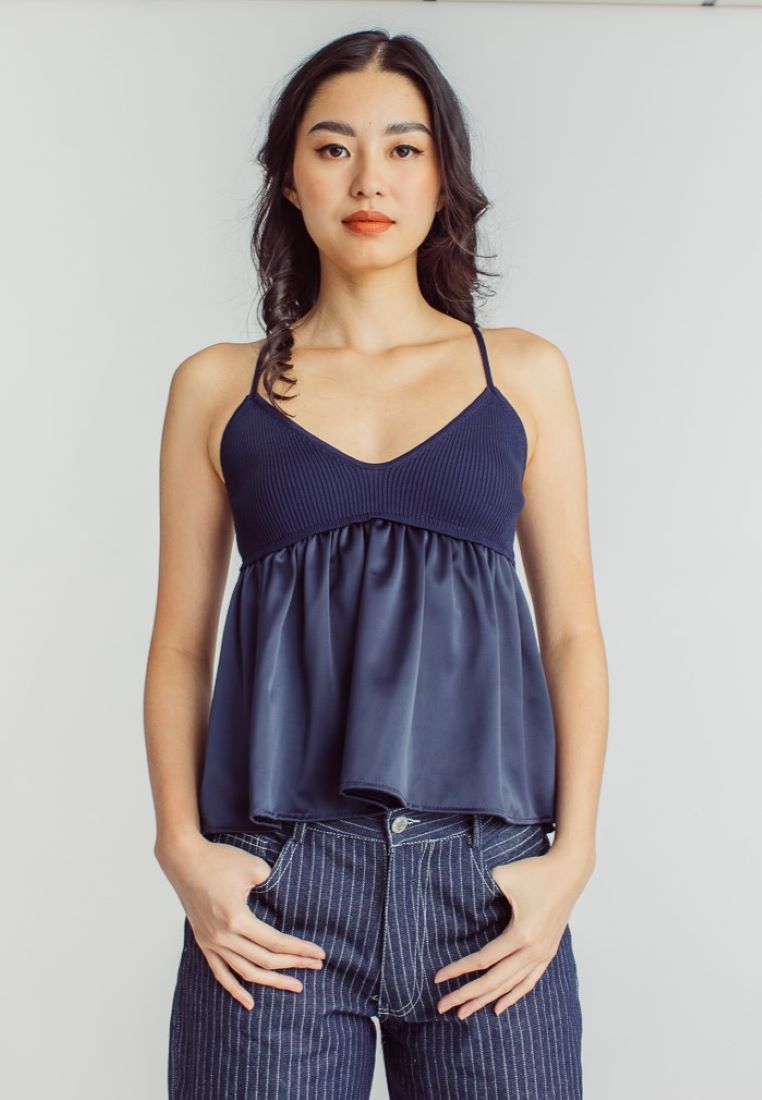 Max Deep Blue Knitted Silk Patchwork Sleeveless Cami Top