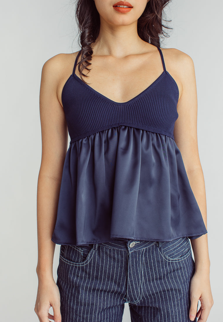 Max Deep Blue Knitted Silk Patchwork Sleeveless Cami Top