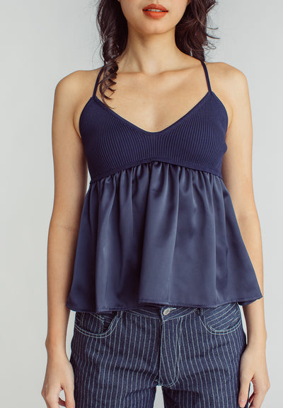 Max Deep Blue Knitted Silk Patchwork Sleeveless Cami Top