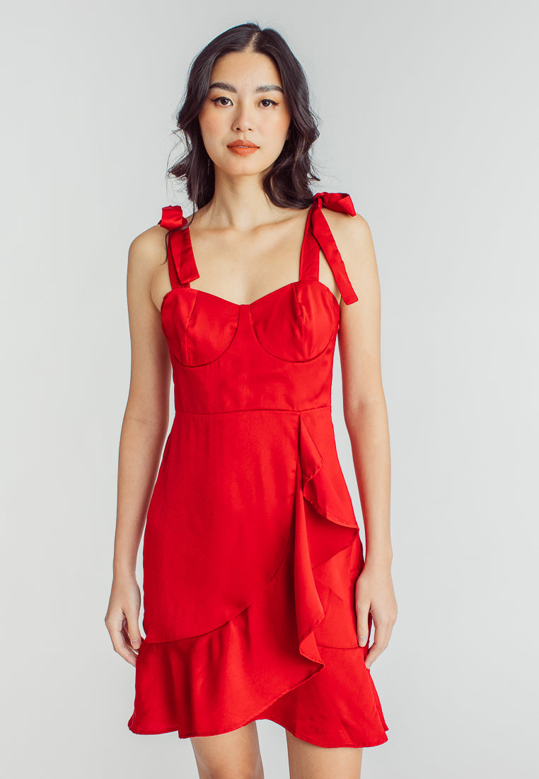 Danni Red Sleeveless Self Tie Strap Asymmetric Ruffle Hem Mini Dress