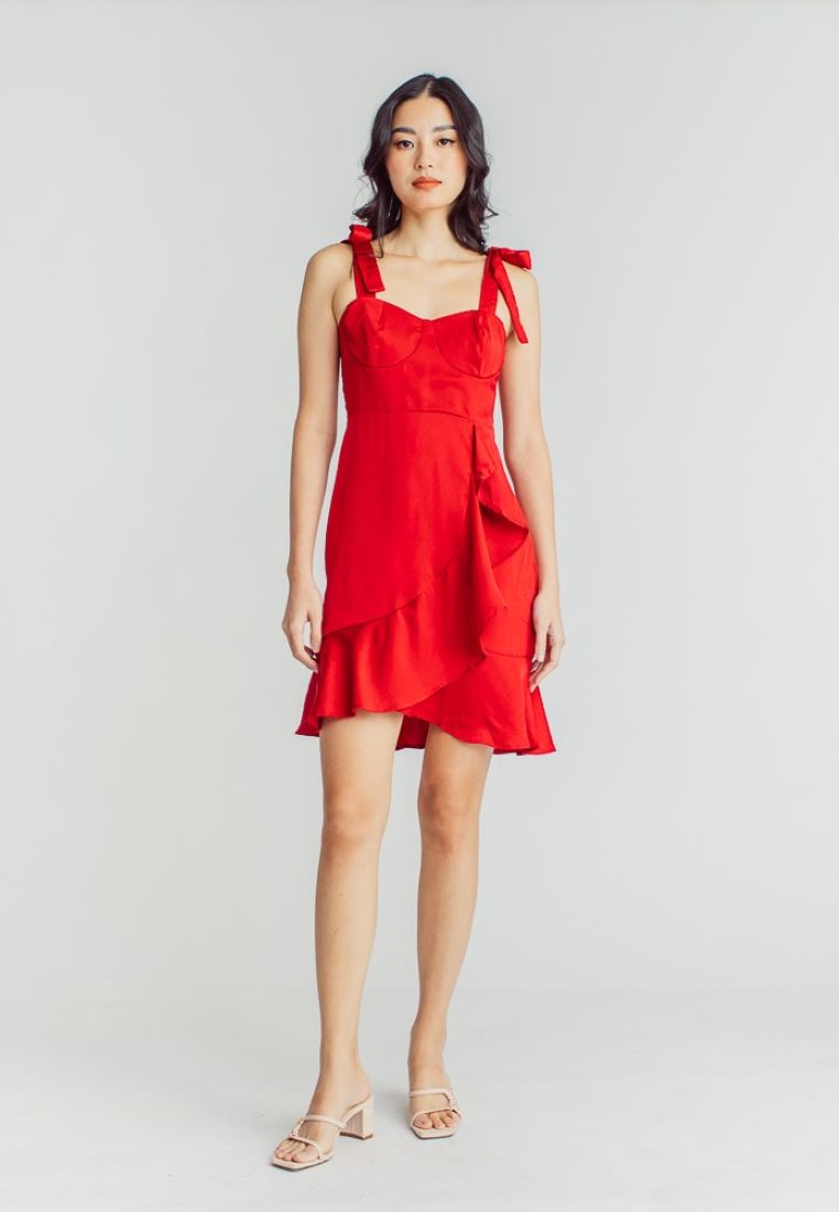 Danni Red Sleeveless Self Tie Strap Asymmetric Ruffle Hem Mini Dress