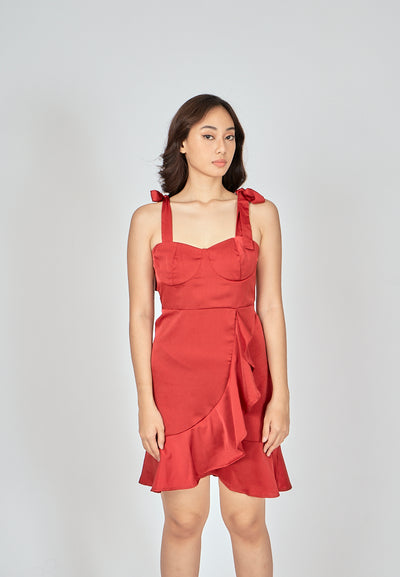 Danni Red Sleeveless Self Tie Strap Asymmetric Ruffle Hem Mini Dress