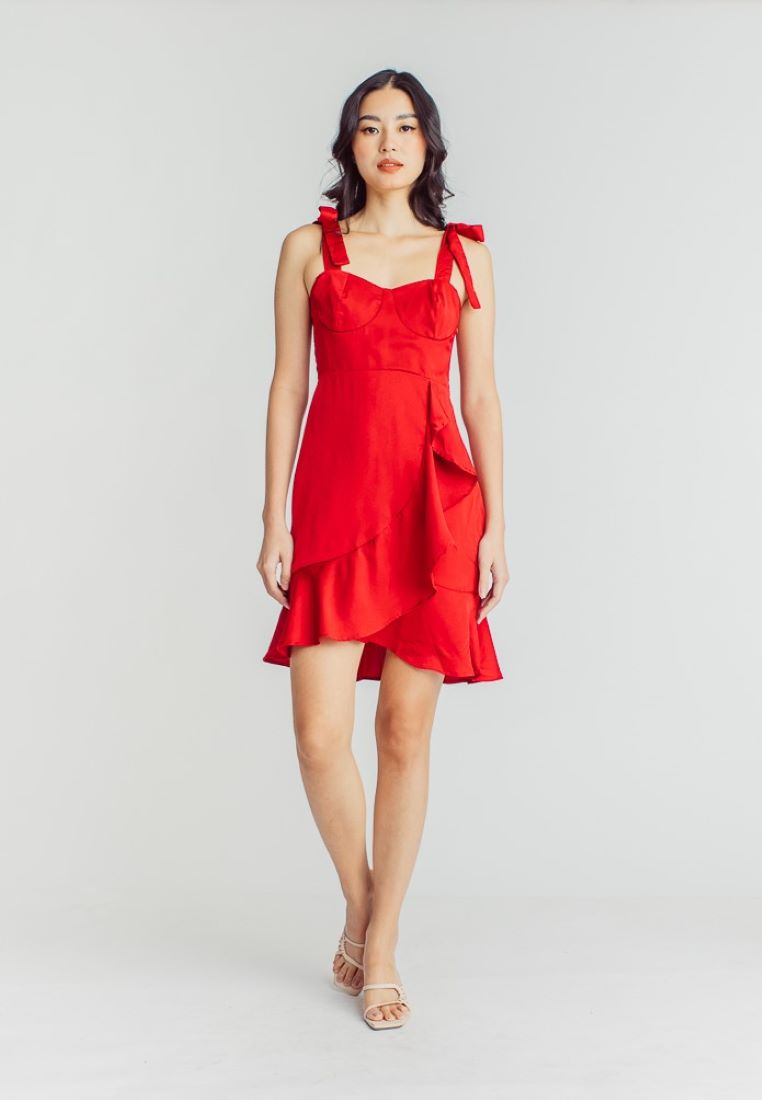 Danni Red Sleeveless Self Tie Strap Asymmetric Ruffle Hem Mini Dress