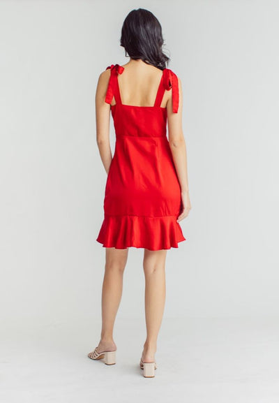 Danni Red Sleeveless Self Tie Strap Asymmetric Ruffle Hem Mini Dress