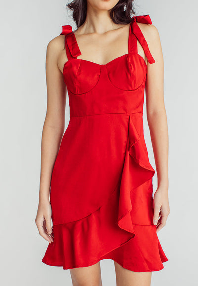 Danni Red Sleeveless Self Tie Strap Asymmetric Ruffle Hem Mini Dress