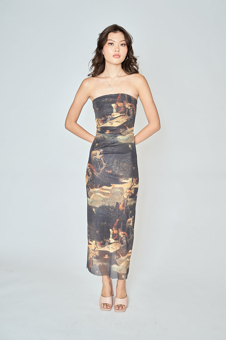 Mori Multicolor Print Straight Cut Tube Midi Dress